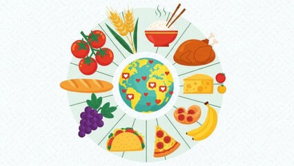 Global Cuisine Circular Arrangement Featuring Diverse Food Items
