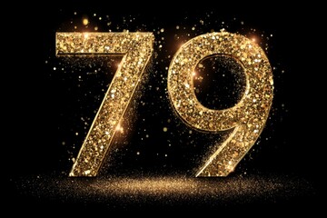 Sparkling Golden Number 79 with Glitter and Shimmering Light Effects