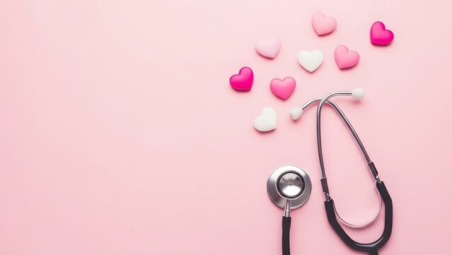 Stethoscope and hearts on pink background for valentine's day health concept