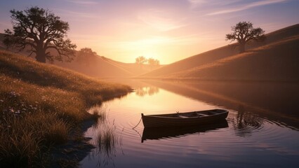 Serene Sunset Over Calm River with Boat and Misty Hillside