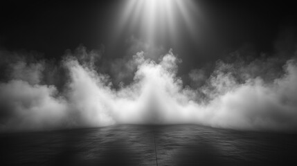 Dark background spotlight on empty studio room. Empty  studio room with smoke float up interior texture for display products  background.