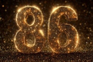 Sparkling Glittering Number 86 on Shimmering Golden Background