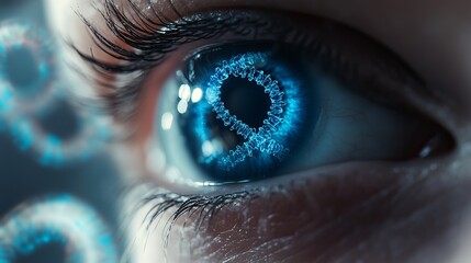 Macro female blue eye with dna spiral reflection science concept