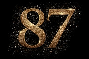 Glittering Golden Number 87 Against a Black Sparkling Background