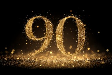 Golden Glimmering Number 90 with Sparkles on Dark Background