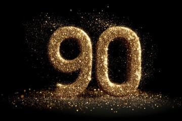 Golden Glittery Number Ninety on Black Background with Sparkles