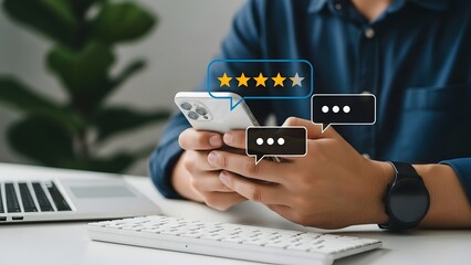 Person holding smartphone with rating and chat icons on screen