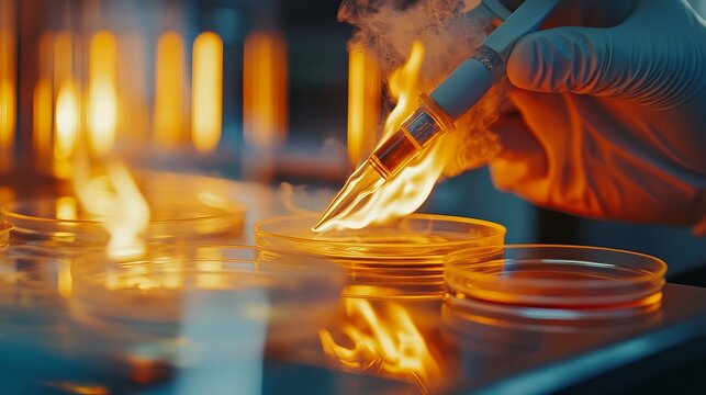 Laboratory worker heating inoculation loop for bacteriological seeding process