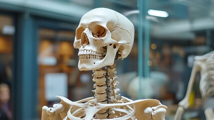 Medical human skeleton display in science museum educational anatomy exhibit