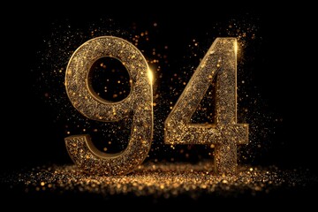 Sparkling Golden Number 94 with Glittering Particles on Black Background