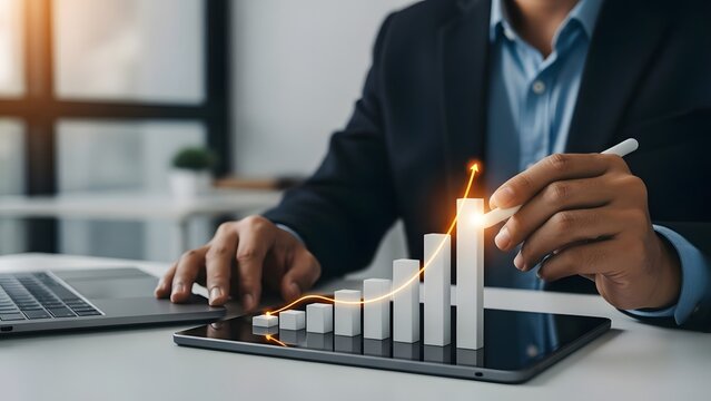 Businessman analyzing financial data on a tablet with a stylus in a modern office - Powered by Adobe