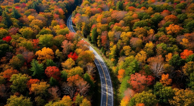 Winding road through vibrant autumn forest canopy - Powered by Adobe