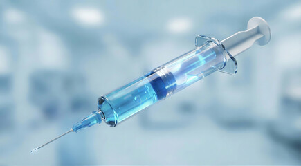 Syringe containing blue liquid for vaccine injection