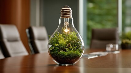 A lightbulb filled with a tiny, perfect ecosystem of plants, sitting on a corporate boardroom table.