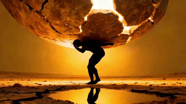 Silhouetted figure struggles to carry a massive cracking boulder on dry land at sunset, symbolizing burden and challenge in a stark landscape with cracked earth and reflective water.