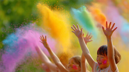 Raised hands burst through a cloud of bright color powder outdoors during a Holi celebration, capturing joyful crowd energy, movement, and vibrant wide copy space.