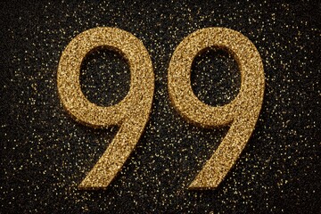 Golden Sparkling Numbers Ninety-Nine on Black Glitter Background