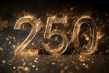 Golden Number 250 with Sparkling Background and Glimmering Effects