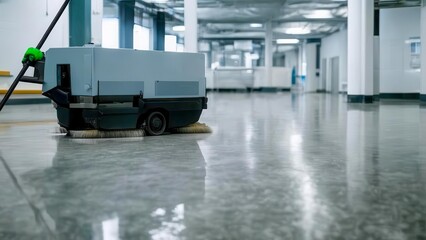 A gray floor cleaning machine operates on a polished concrete floor in a spacious, well-lit industrial area. The environment is clean and organized.