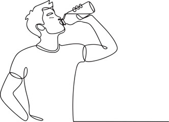 Single continuous line drawing young man drinking fresh water from a bottle with his right hand after exercising. Healthy lifestyles concept.one line vector illustration with out background.