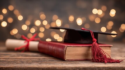 Graduation accouterments rest upon a wooden surface with festive bokeh lights illuminating the background