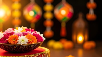 Fototapeta premium Vibrant diwali decorations with floral arrangement and diyas