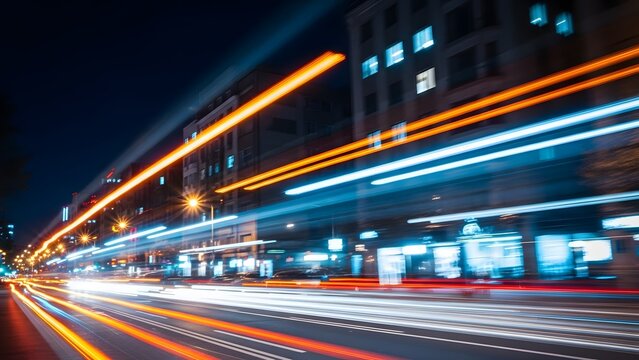 City street at night with colorful light trails from moving vehicles and buildings - Powered by Adobe