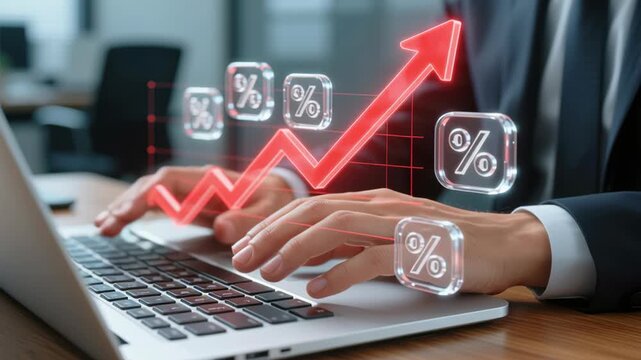 Financial planning management compound interest growth wealth success retirement investment strategies secure goals digital percentage symbols upward arrow business hands typing laptop keyboard
