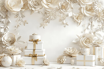 Elegant White Gold Celebration Decor Gifts Cake Floral Background Festive Occasion
