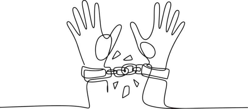 Single continuous line drawing hands free from shackles. Fight against injustice. Restore the dignity of victims. Put up resistance.one line vector illustration with out background.
