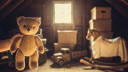 Cozy Attic Scene with a Teddy Bear and Vintage Toys in Soft Light