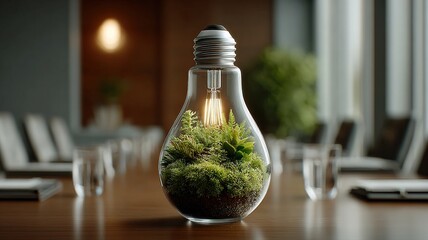 A lightbulb filled with a tiny, perfect ecosystem of plants, sitting on a corporate boardroom table.