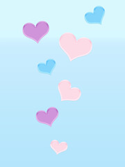 ハートが舞うロマンティックなイラスト（ブルー）ー 爽やかなブルーのグラデーションに光沢ハート。ポストカード、ポスター、マスキングシールブック、フレークシール、ノート表紙、メッセージカード等に最適。バレンタインやウェディングにも。