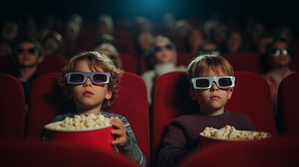 Kids wearing 3d glasses enjoying a film and eating popcorn in a dark movie theater