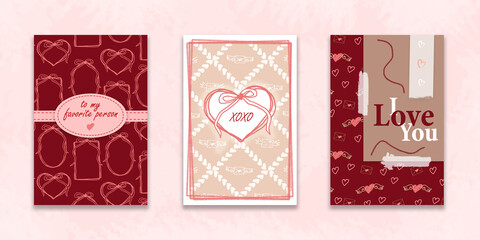 Set of 3 hand drawn Valentine's Day cards with cute frames and hearts. February 14 cards