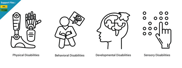 Employee impairment types  . Physical disability, mental disorder.   icons vector 