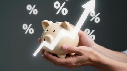 Financial growth and wealth management key for successful retirement planning with compound interest shown by piggy bank held in hands, rising percentage and upward arrow symbols