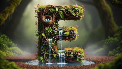Decorative E with Flowers, Waterfall and Nest in Natural Setting