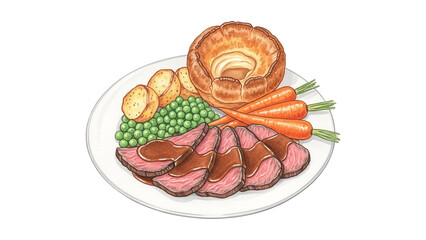 A delicious illustration of a traditional british sunday roast with beef, yorkshire pudding, and vegetables isolated on transparent background