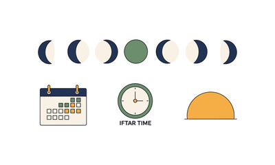 Set bundle ramadan with moon phases and calendar for iftar time vector