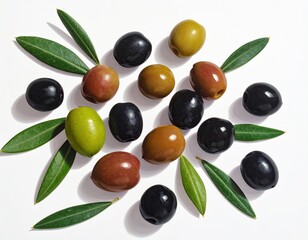 Assorted olives, varied colors, with green leaves, on white background