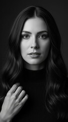 Elegant Woman with Long Hair in Black and White Portrait Style