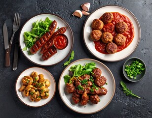 A spread of various dishes sausages, meatballs, mushrooms, and garnishes