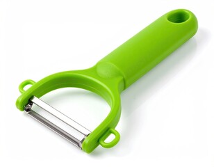 A bright green peeler on a white background, angled and detailed