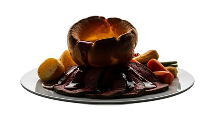A classic british sunday roast with succulent beef, crispy yorkshire pudding, and roasted vegetables. isolated on transparent background