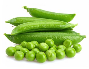 Fresh green pea pods stacked with a pile of shelled green peas