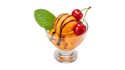 Delicious orange ice cream sundae with chocolate drizzle, fresh mint, and juicy red cherries isolated on transparent background