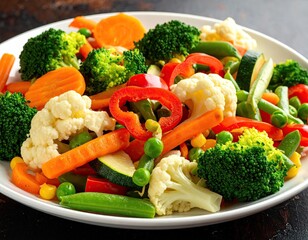 A colorful plate of assorted, cooked vegetables