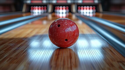 Red bowling ball on lane, pins blurred background, alley recreation