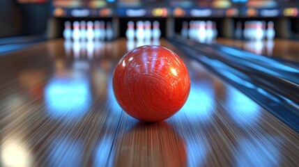 Red bowling ball on lane, pins in background, night game, sport recreation
